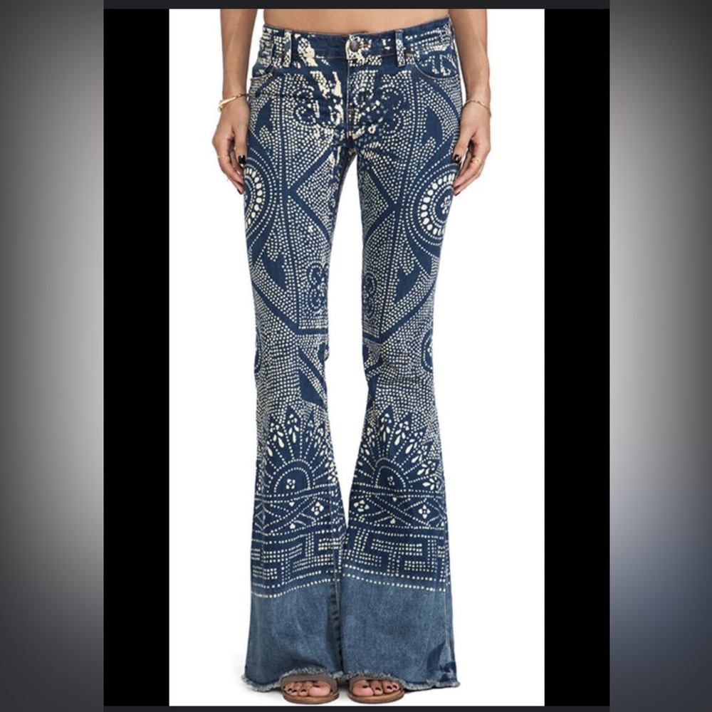 Free People Blue and White Flare Jeans with Vintage Bohemian Style NWOT